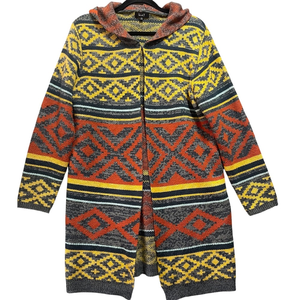 Southwestern Boho Womens Hooded Cardigan L Multicolor Geometric Festival Love J
